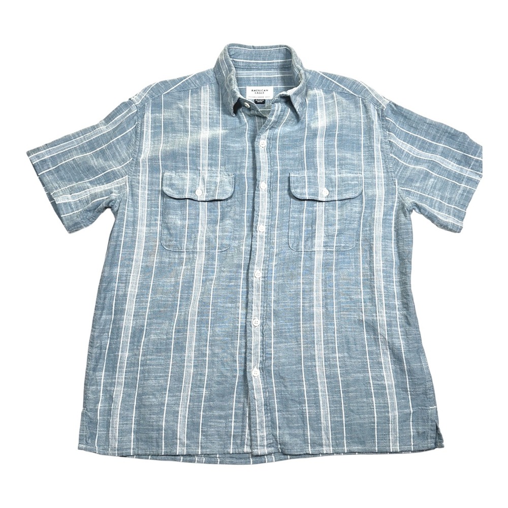 American Eagle Striped Shirt Cotton Short Sleeve Everyday Button Down Mens Blue - Picture 5 of 11